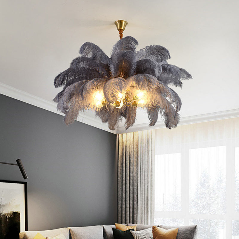 Ostrich Feather Ceiling Chandelier Modern Nordic Creative 6 Light Hanging Ceiling Light for Bedroom