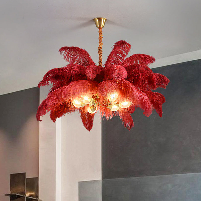 Ostrich Feather Ceiling Chandelier Modern Nordic Creative 6 Light Hanging Ceiling Light for Bedroom