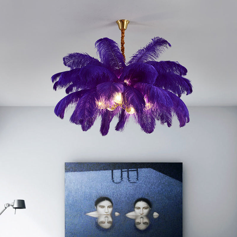 Ostrich Feather Ceiling Chandelier Modern Nordic Creative 6 Light Hanging Ceiling Light for Bedroom