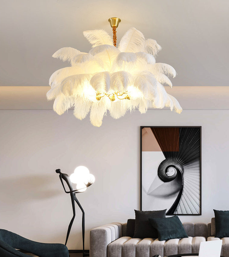 Ostrich Feather Ceiling Chandelier Modern Nordic Creative 6 Light Hanging Ceiling Light for Bedroom