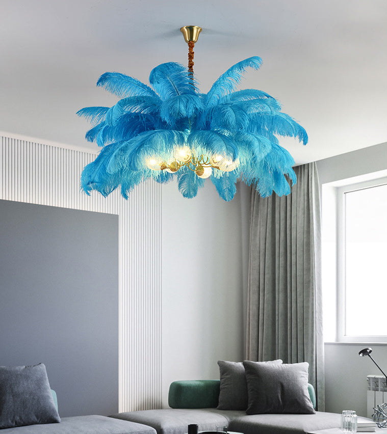 Ostrich Feather Ceiling Chandelier Modern Nordic Creative 6 Light Hanging Ceiling Light for Bedroom