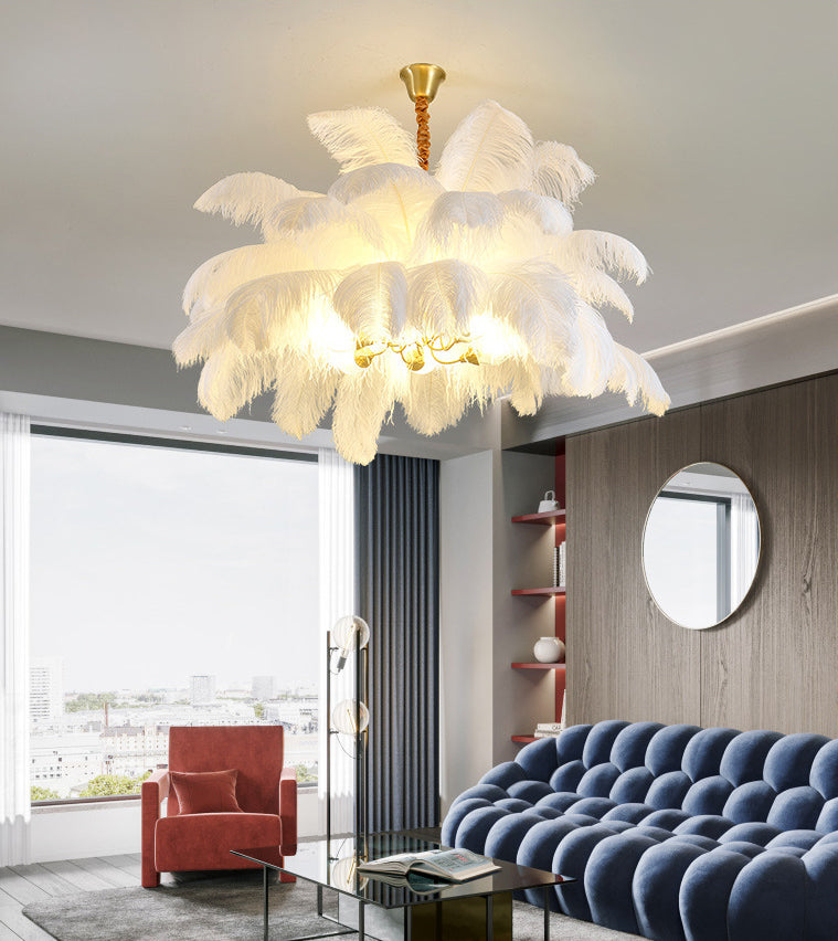 Ostrich Feather Ceiling Chandelier Modern Nordic Creative 6 Light Hanging Ceiling Light for Bedroom