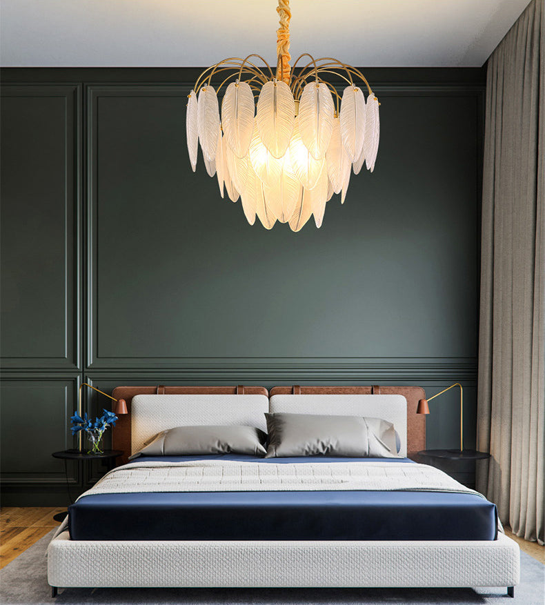 Feather Glass Ceiling Chandelier Modern Creative White Hanging Ceiling Light for Girl Bedroom