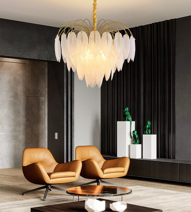 Feather Glass Ceiling Chandelier Modern Creative White Hanging Ceiling Light for Girl Bedroom