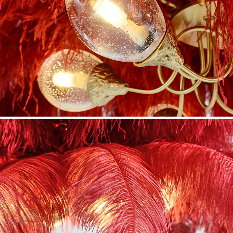 Ostrich Feather Ceiling Chandelier Modern Nordic Creative 6 Light Hanging Ceiling Light for Bedroom