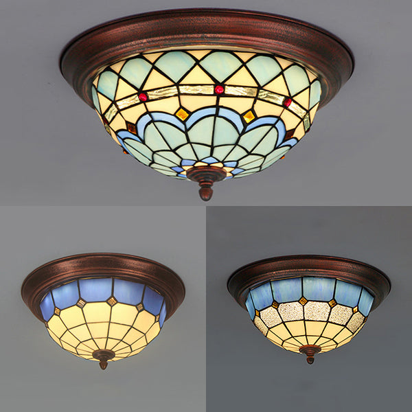Industrial Vintage Dome Shape Flushmount Ceiling Light Stained Glass 1 Light Flush Mount Ceiling Fixture in White/Clear/Blue