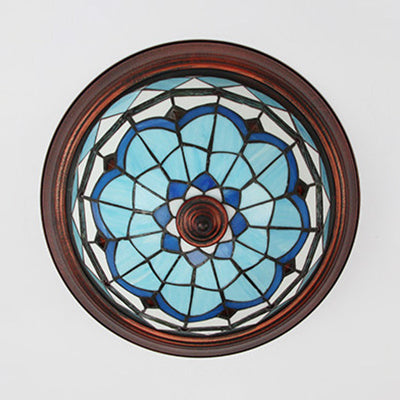 Industrial Vintage Dome Shape Flushmount Ceiling Light Stained Glass 1 Light Flush Mount Ceiling Fixture in White/Clear/Blue