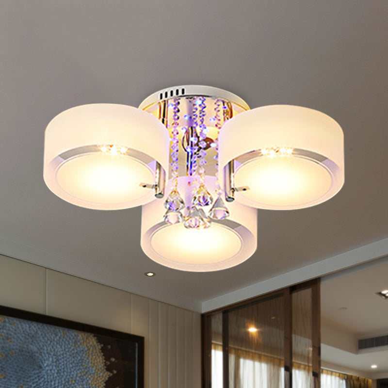 Drum Flush Mount Light Modern Frosted Glass 3/5/6 Heads White Ceiling Light with Crystal Drop