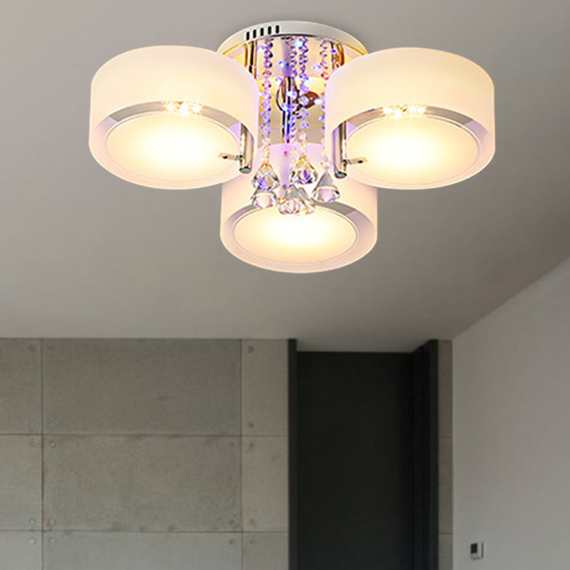 Drum Flush Mount Light Modern Frosted Glass 3/5/6 Heads White Ceiling Light with Crystal Drop