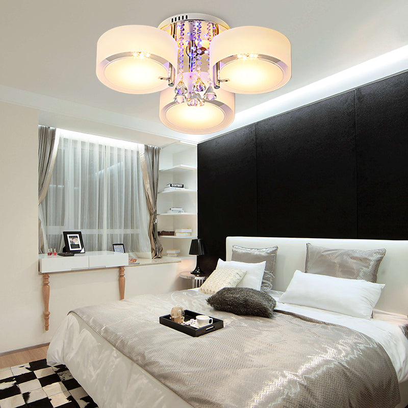 Drum Flush Mount Light Modern Frosted Glass 3/5/6 Heads White Ceiling Light with Crystal Drop