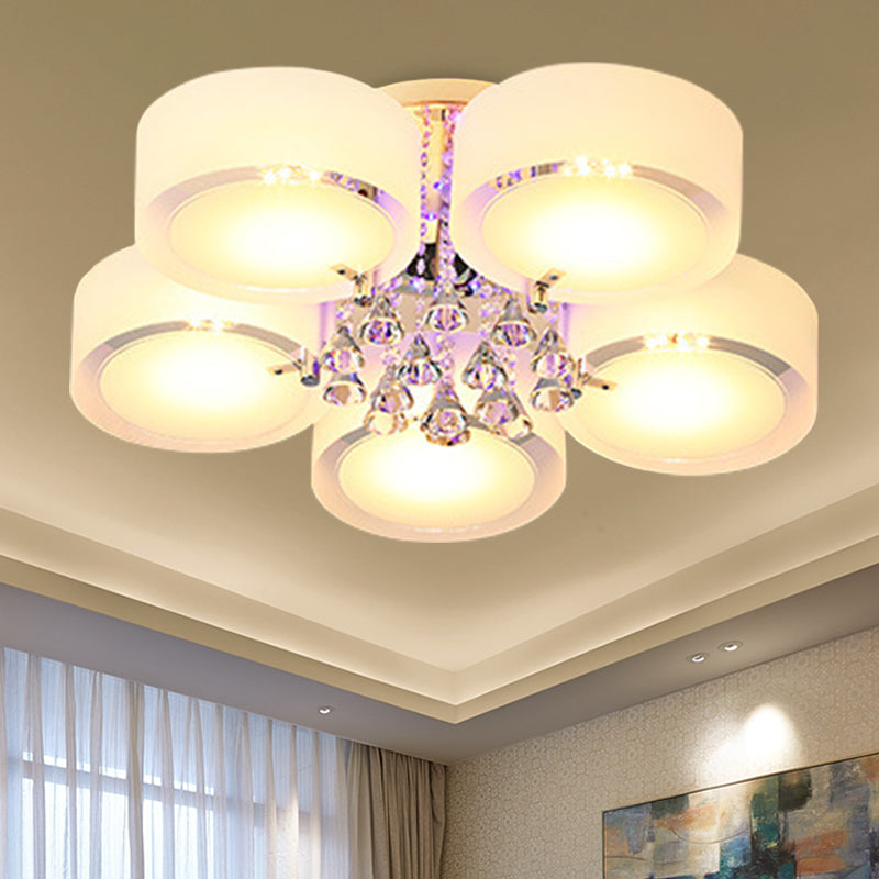 Drum Flush Mount Light Modern Frosted Glass 3/5/6 Heads White Ceiling Light with Crystal Drop