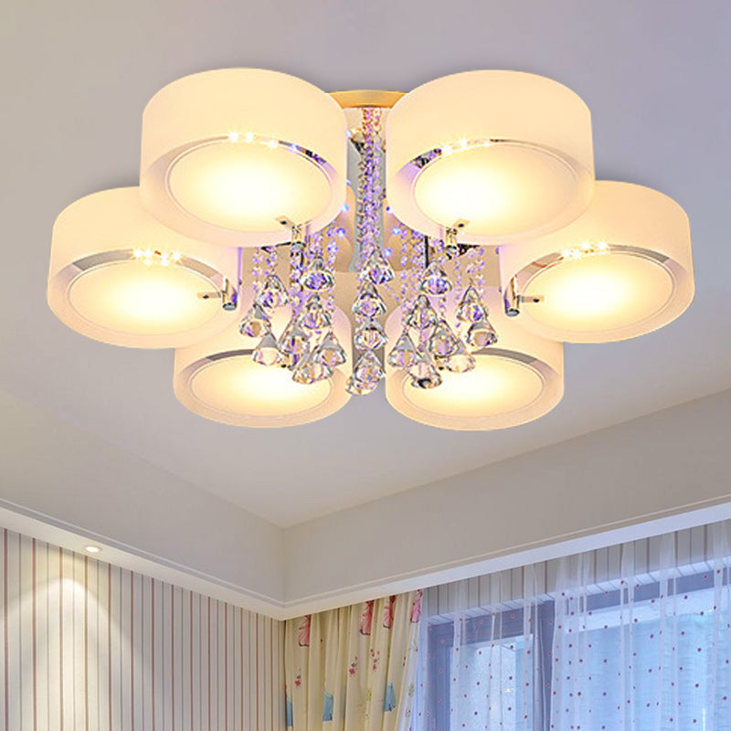 Drum Flush Mount Light Modern Frosted Glass 3/5/6 Heads White Ceiling Light with Crystal Drop