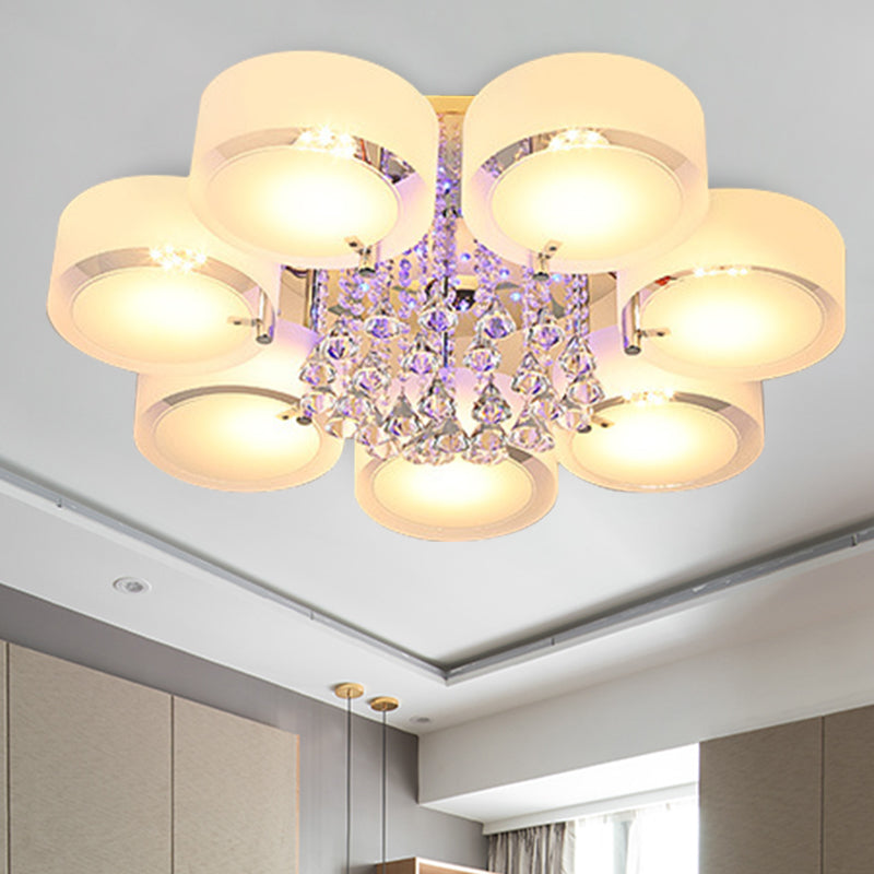 Drum Flush Mount Light Modern Frosted Glass 3/5/6 Heads White Ceiling Light with Crystal Drop