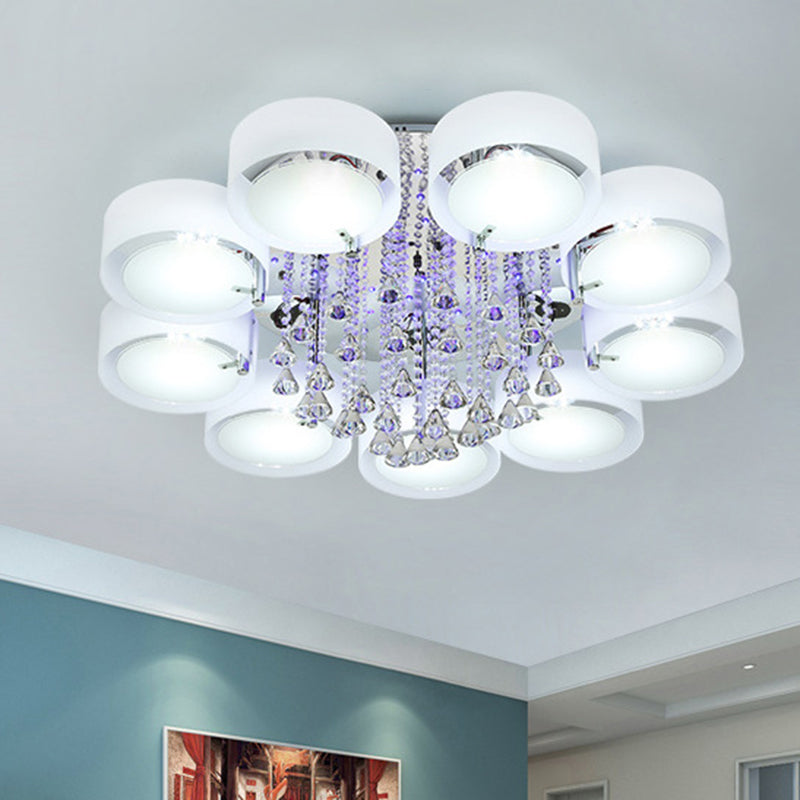Drum Flush Mount Light Modern Frosted Glass 3/5/6 Heads White Ceiling Light with Crystal Drop