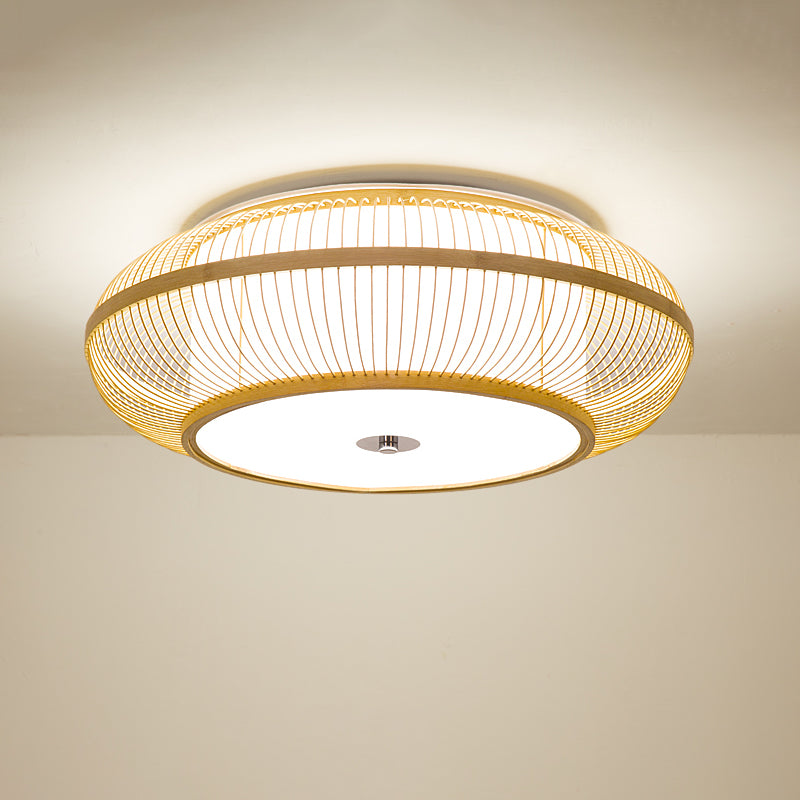 Wood Cylinder/Donut Flush Mount Lamp Traditionary Bamboo LED Ceiling Mounted Light for Living Room