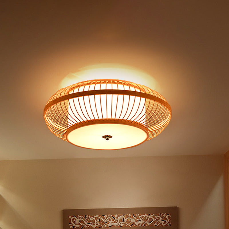 Wood Cylinder/Donut Flush Mount Lamp Traditionary Bamboo LED Ceiling Mounted Light for Living Room