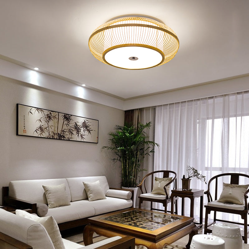 Wood Cylinder/Donut Flush Mount Lamp Traditionary Bamboo LED Ceiling Mounted Light for Living Room