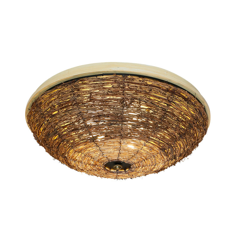 Bowl Flush Ceiling Lamp Tradition Rattan Wood 3 Bulbs Ceiling Light Fixture, 12.5"/16.5" Wide