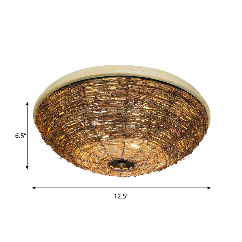 Bowl Flush Ceiling Lamp Tradition Rattan Wood 3 Bulbs Ceiling Light Fixture, 12.5"/16.5" Wide