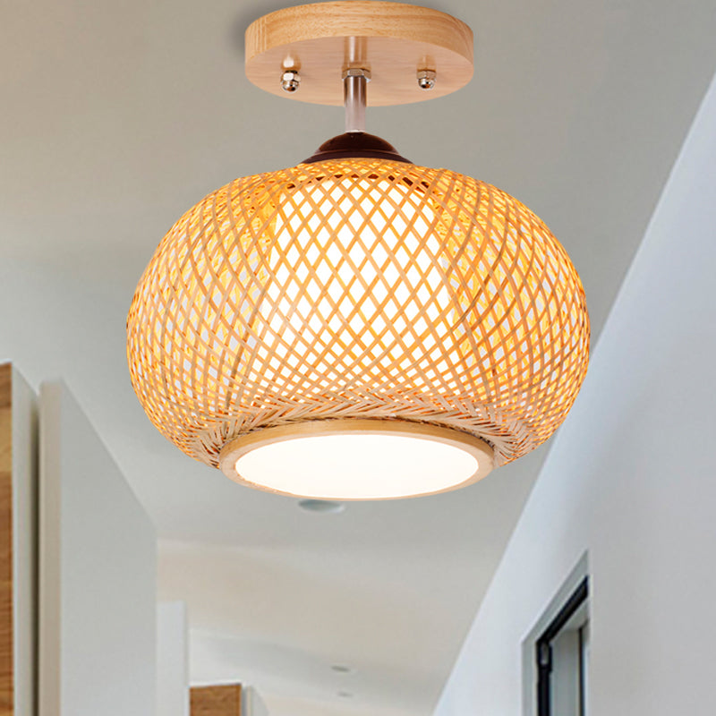 10 "/14" /16 " Lantern Wide Lantern Semi Flush Mount Traditional Bamboo Wood 1 Bulb Flush Mount Ceiling Fixture