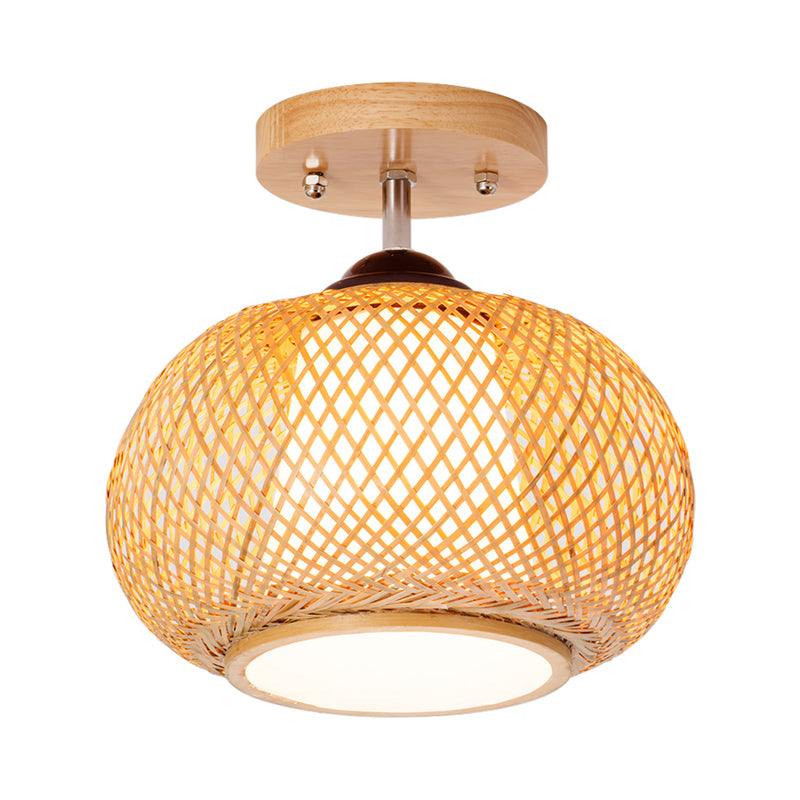 10 "/14" /16 " Lantern Wide Lantern Semi Flush Mount Traditional Bamboo Wood 1 Bulb Flush Mount Ceiling Fixture