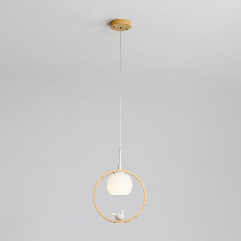 Dome Shade White Glass Pendant Nordic Style Wood Suspension Light with Ring and Bird