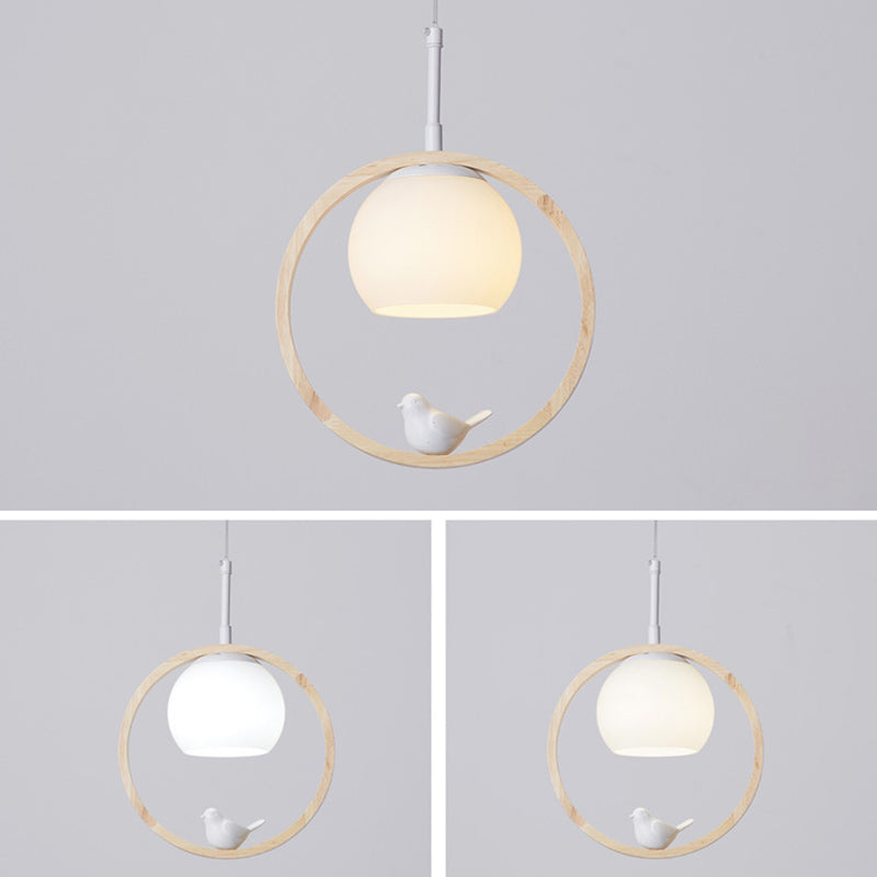 Dome Shade White Glass Pendant Nordic Style Wood Suspension Light with Ring and Bird