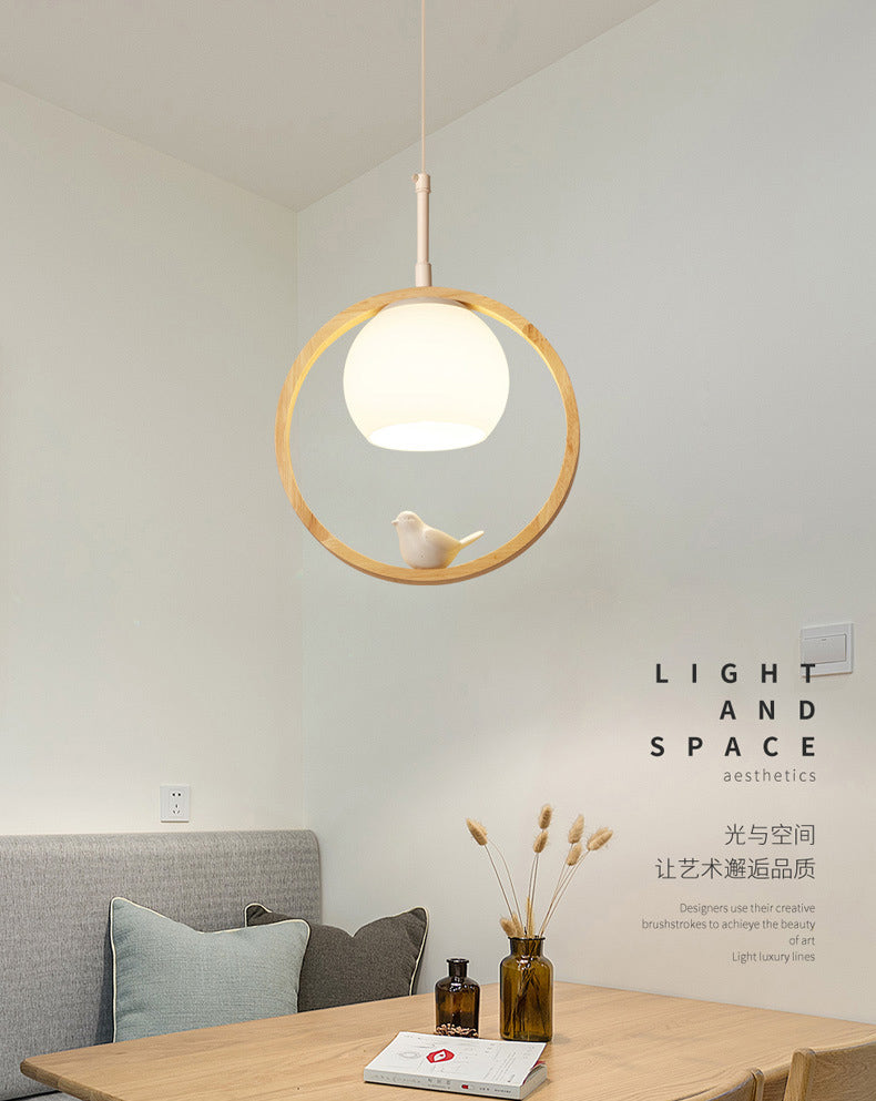 Dome Shade White Glass Pendant Nordic Style Wood Suspension Light with Ring and Bird