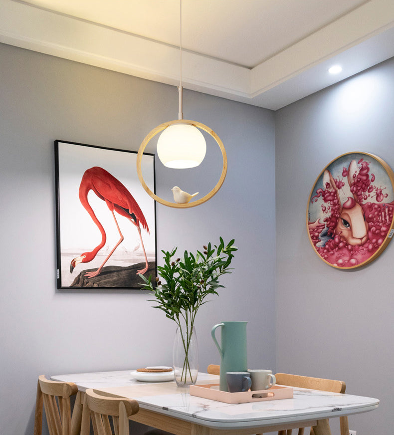 Dome Shade White Glass Pendant Nordic Style Wood Suspension Light with Ring and Bird