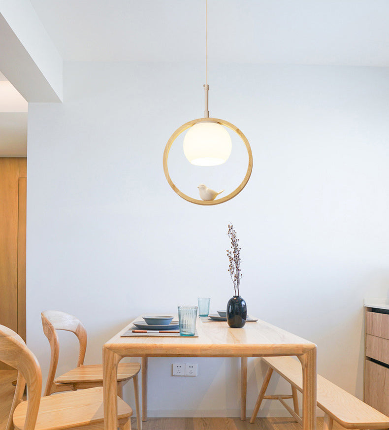 Dome Shade White Glass Pendant Nordic Style Wood Suspension Light with Ring and Bird
