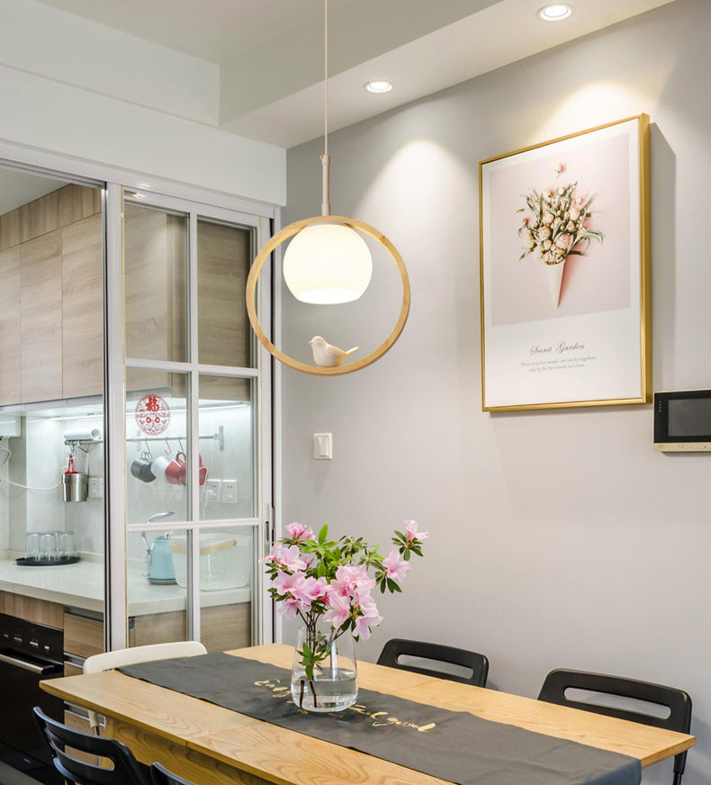 Dome Shade White Glass Pendant Nordic Style Wood Suspension Light with Ring and Bird