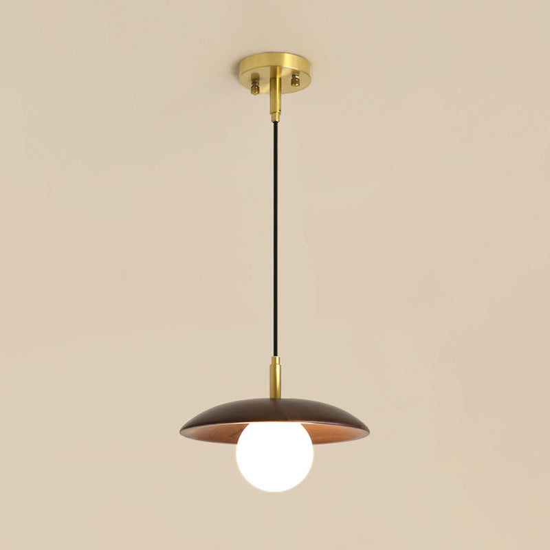 Dark Brown Saucer Pendant Lighting Simple 1-Light Wooden Ceiling Light with White Glass Shade