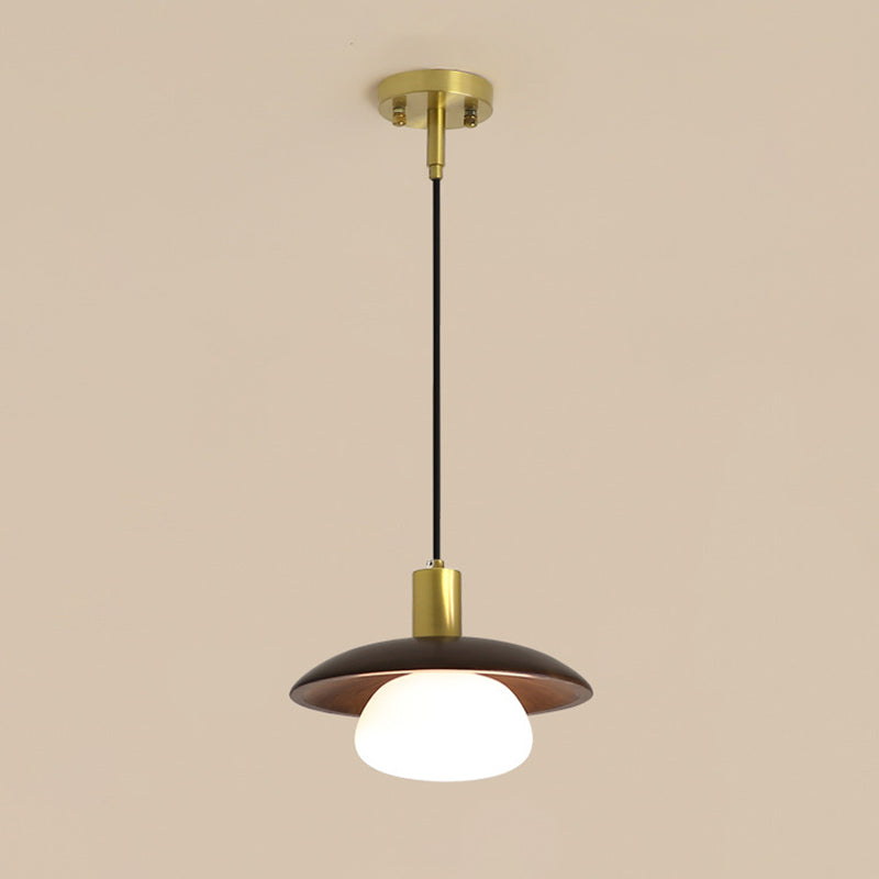 Dark Brown Saucer Pendant Lighting Simple 1-Light Wooden Ceiling Light with White Glass Shade