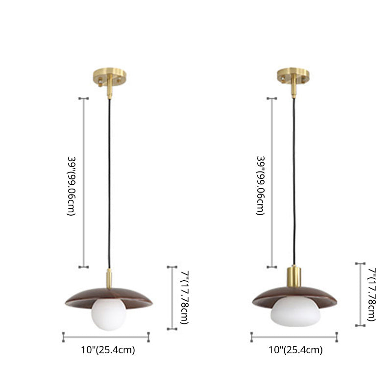 Dark Brown Saucer Pendant Lighting Simple 1-Light Wooden Ceiling Light with White Glass Shade