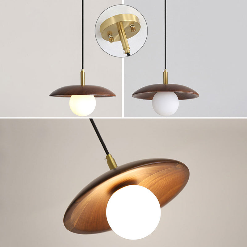 Dark Brown Saucer Pendant Lighting Simple 1-Light Wooden Ceiling Light with White Glass Shade