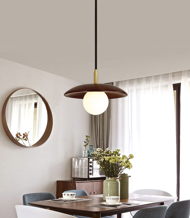 Dark Brown Saucer Pendant Lighting Simple 1-Light Wooden Ceiling Light with White Glass Shade
