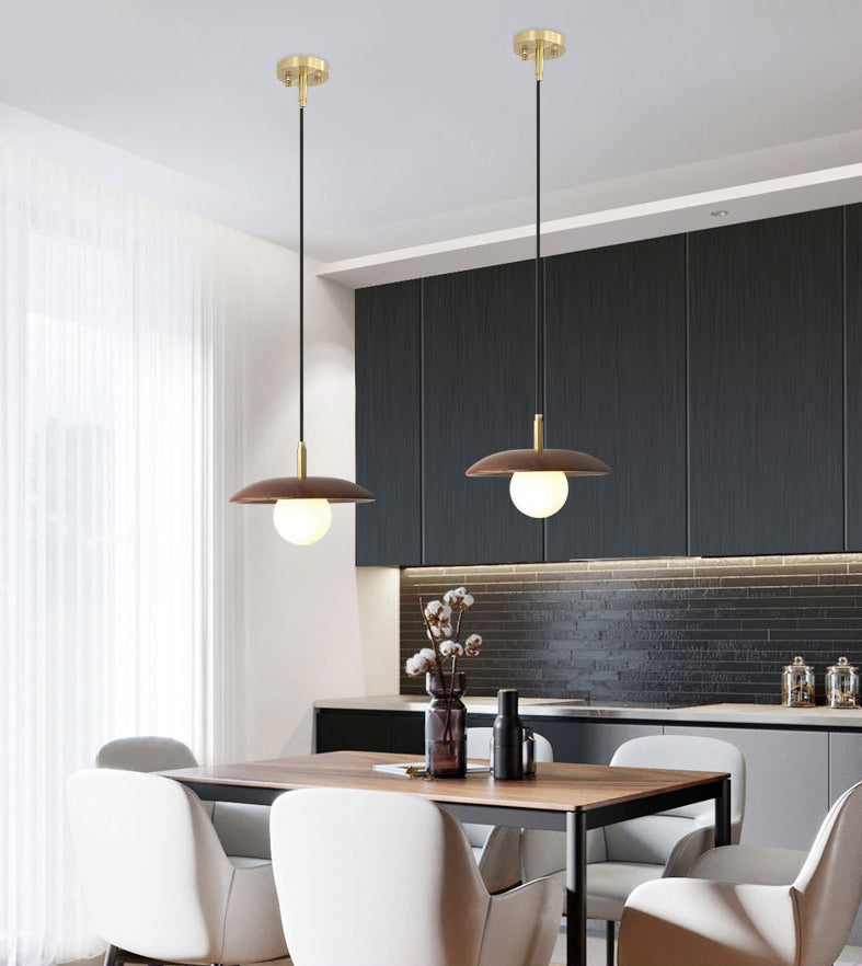 Dark Brown Saucer Pendant Lighting Simple 1-Light Wooden Ceiling Light with White Glass Shade