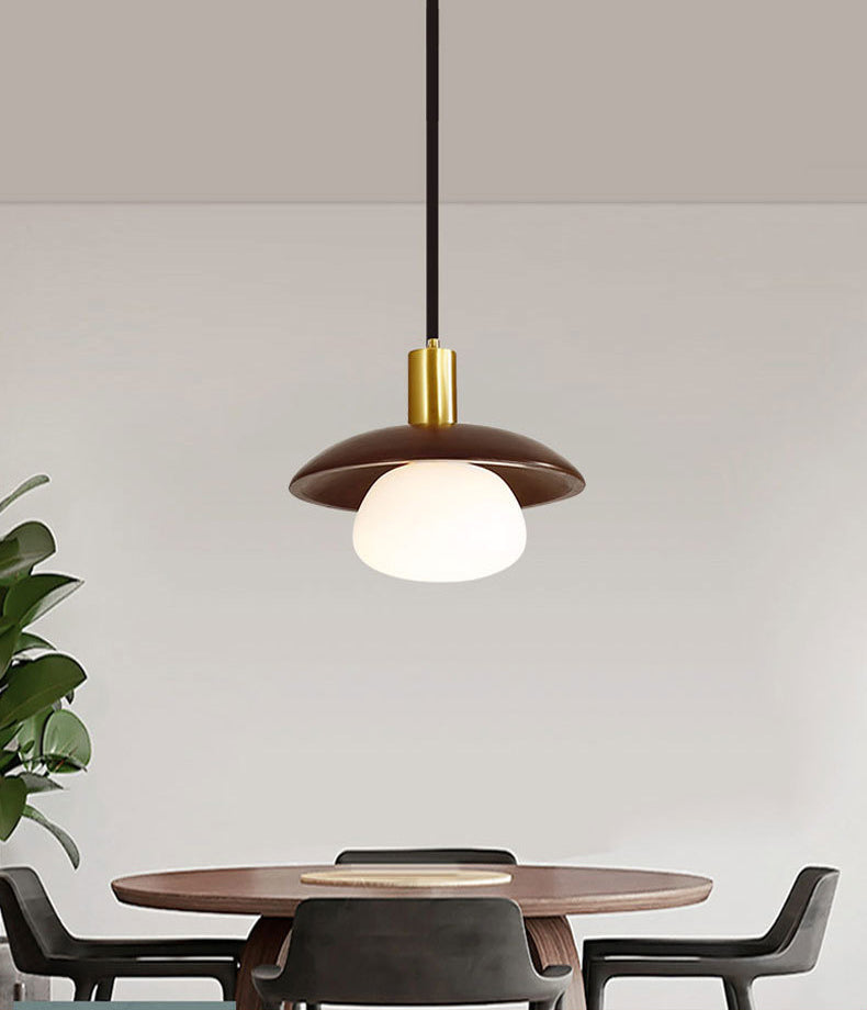 Dark Brown Saucer Pendant Lighting Simple 1-Light Wooden Ceiling Light with White Glass Shade