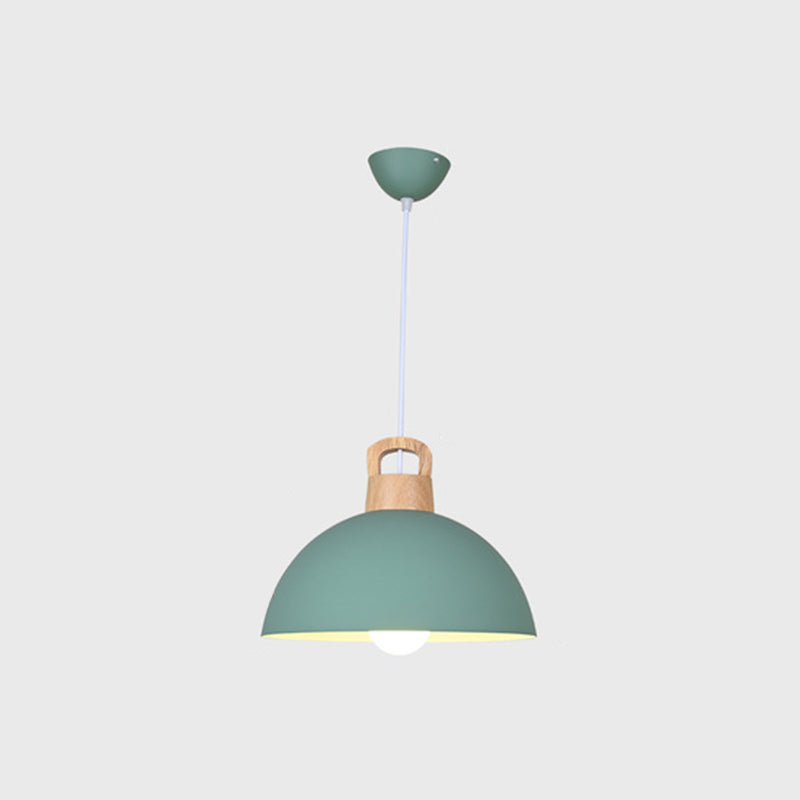 Macaron Style Domed Suspension Lamp Aluminum 1 Head Diner Pendant Light with Wooden Decor