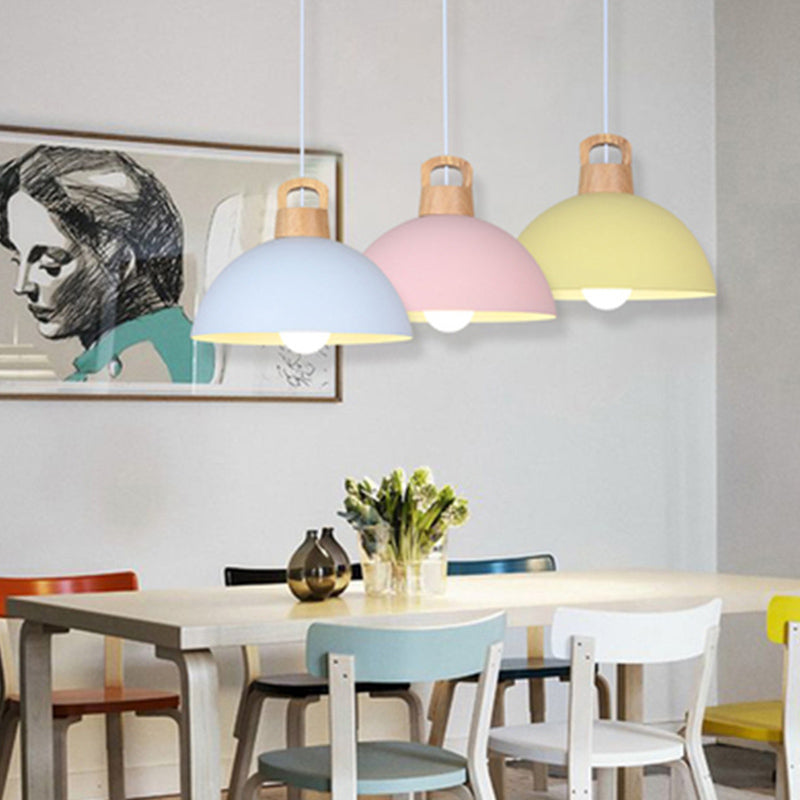 Macaron Style Domed Suspension Lamp Aluminum 1 Head Diner Pendant Light with Wooden Decor