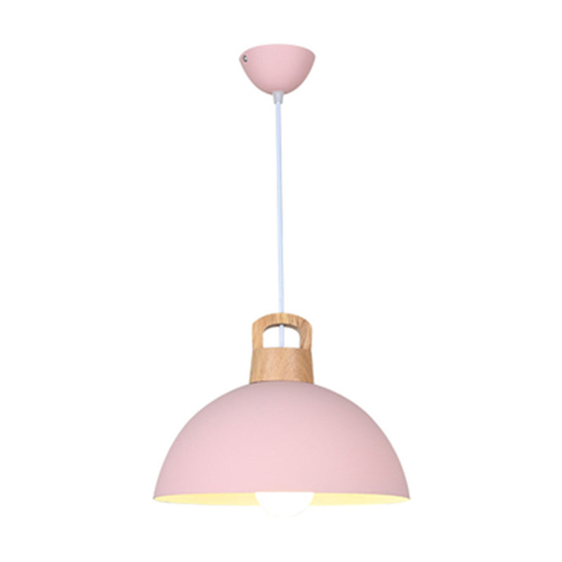 Macaron Style Domed Suspension Lamp Aluminum 1 Head Diner Pendant Light with Wooden Decor