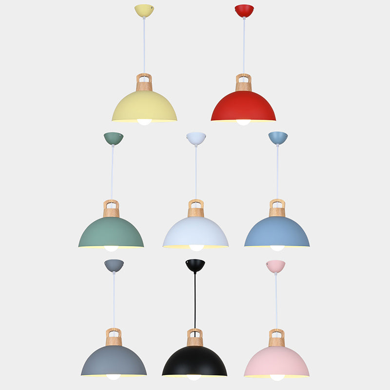 Macaron Style Domed Suspension Lamp Aluminum 1 Head Diner Pendant Light with Wooden Decor