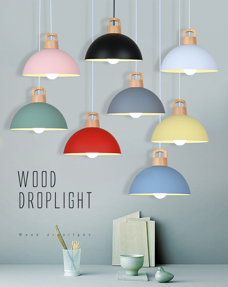 Macaron Style Domed Suspension Lamp Aluminum 1 Head Diner Pendant Light with Wooden Decor