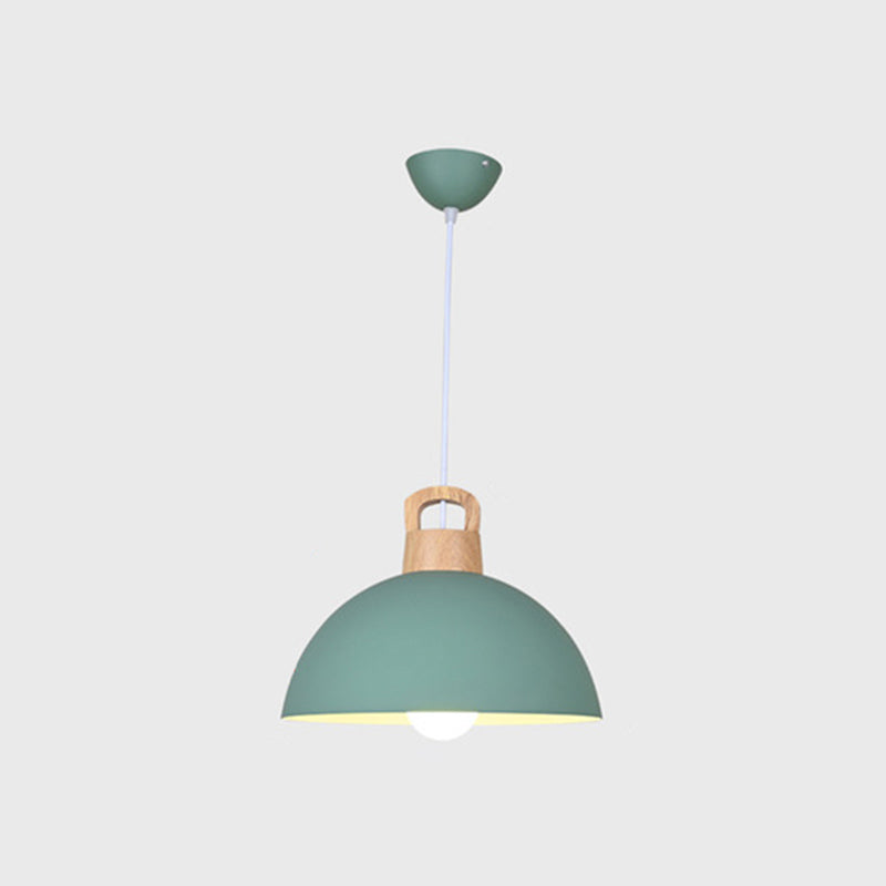 Macaron Style Domed Suspension Lamp Aluminum 1 Head Diner Pendant Light with Wooden Decor