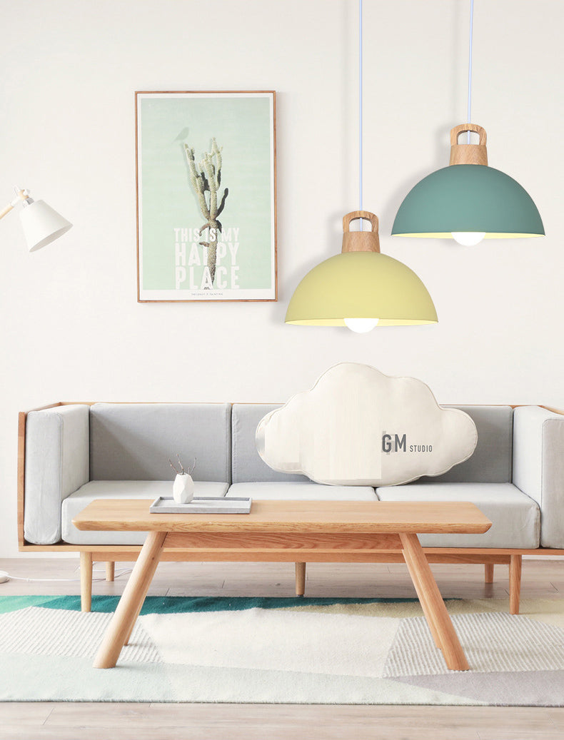 Macaron Style Domed Suspension Lamp Aluminum 1 Head Diner Pendant Light with Wooden Decor
