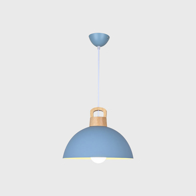 Macaron Style Domed Suspension Lamp Aluminum 1 Head Diner Pendant Light with Wooden Decor
