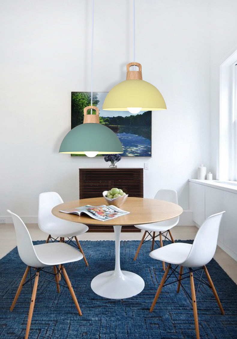 Macaron Style Domed Suspension Lamp Aluminum 1 Head Diner Pendant Light with Wooden Decor
