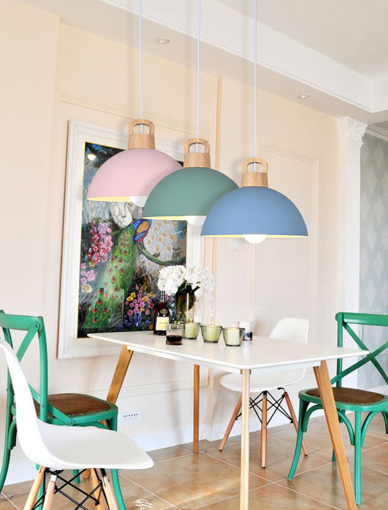 Macaron Style Domed Suspension Lamp Aluminum 1 Head Diner Pendant Light with Wooden Decor