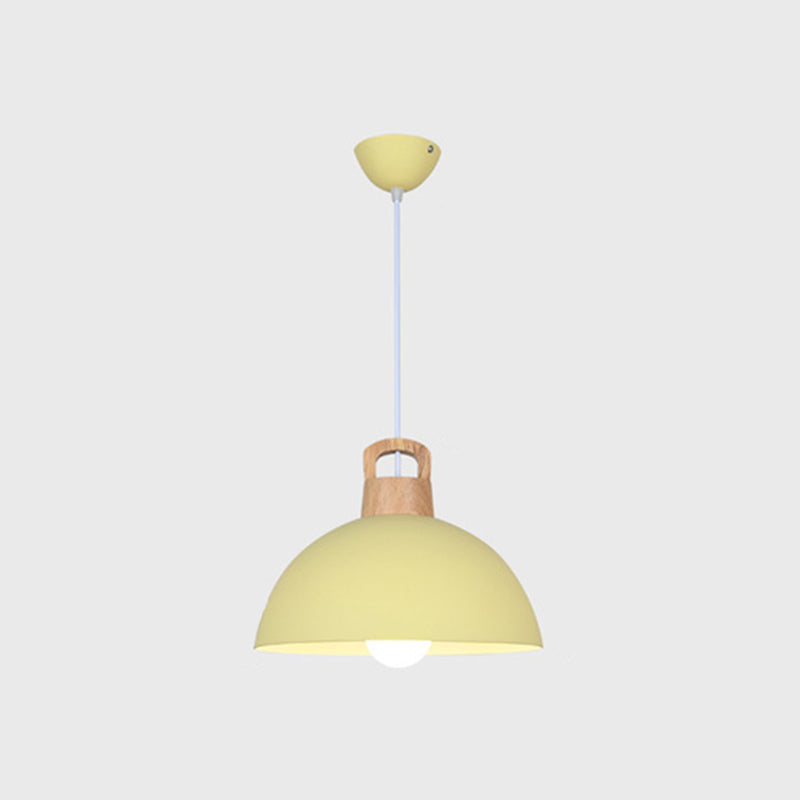 Macaron Style Domed Suspension Lamp Aluminum 1 Head Diner Pendant Light with Wooden Decor