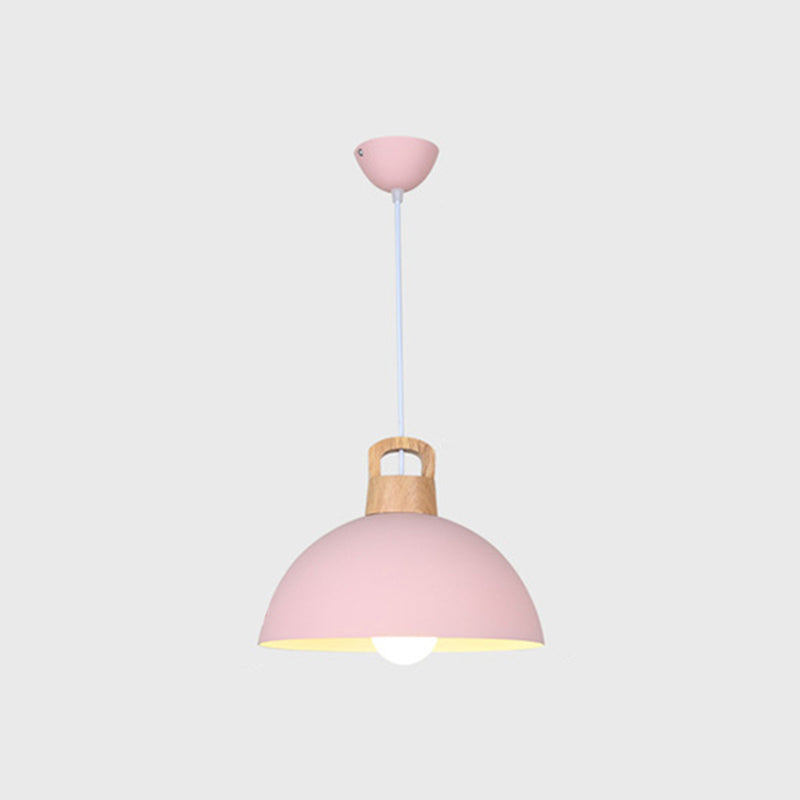 Macaron Style Domed Suspension Lamp Aluminum 1 Head Diner Pendant Light with Wooden Decor